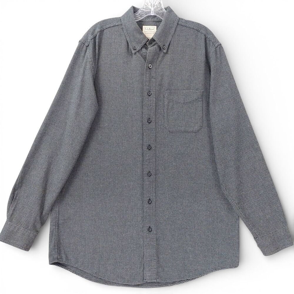 LL Bean Traditional Fit Flannel Shirt Gray Houndstooth Cotton Mens M Tall